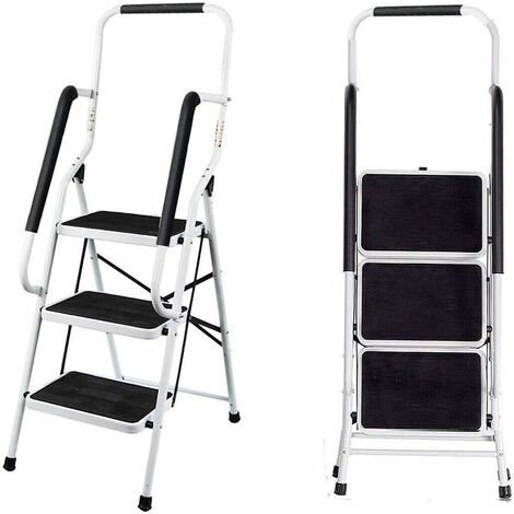 Dayplus – Escabeau 3 marches pliable avec main courante de sécurité – Capacité 150kg – Pieds antidérapants – Dimensions 47x66x130,5cm