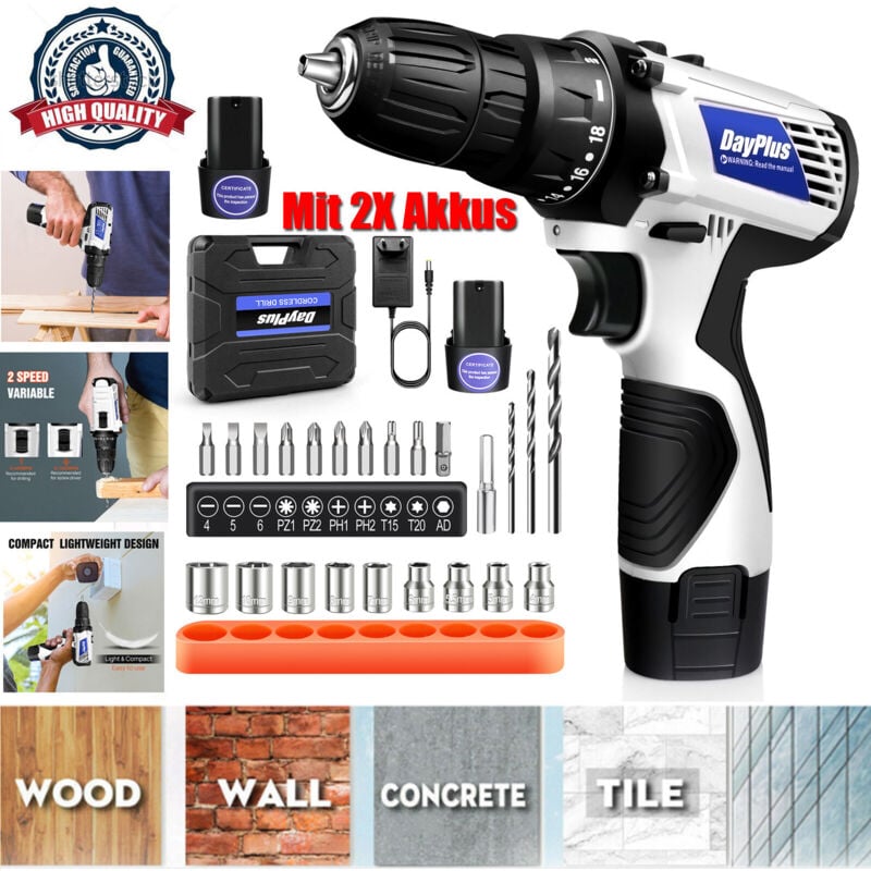 Visseuse sans fil avec 2x 1500mAh Li-Ion Batteries Perceuse-visseuse 45Nm 23pcs - Dayplus