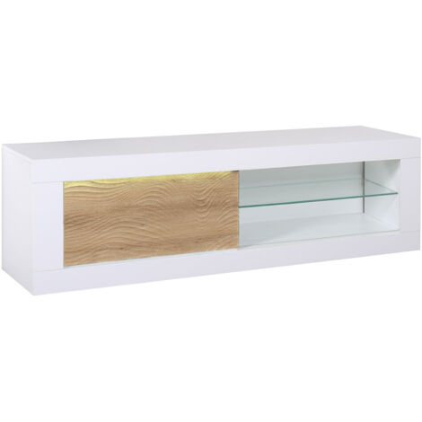 DAYTON OAK - Meuble TV Effet Chêne à Relief Porte Coulissante et Leds