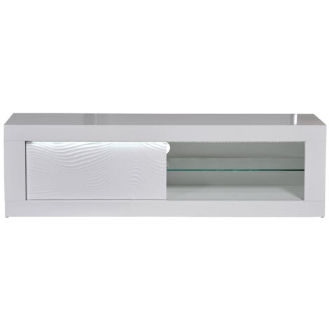 DAYTON WHITE - Meuble TV Laqué Blanc Porte Coulissante et Leds