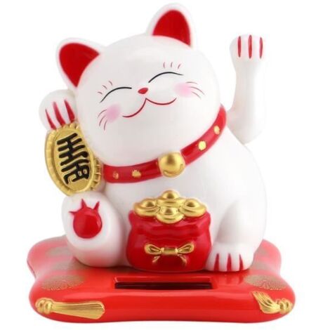 DBA Chat Porte Bonheur Maneki Neko Energie Solaire, blanc et rouge DA007