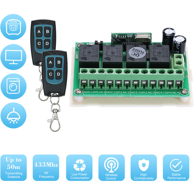 

DC 12V 4CH Canal 433Mhz Interruptor RF inalambrico, 2 transmisor y 1 receptor