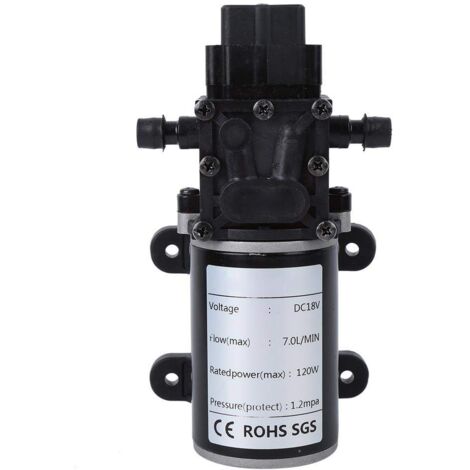 DC12V 120W Mini Smart Membranpumpe, selbstansaugende Pumpe, 10 mm rechter Wasserauslass, 7 l/min, Permanentmagnet-Gleichstrommotor, selbstansaugende Höhe 3 m(18V Motor)
