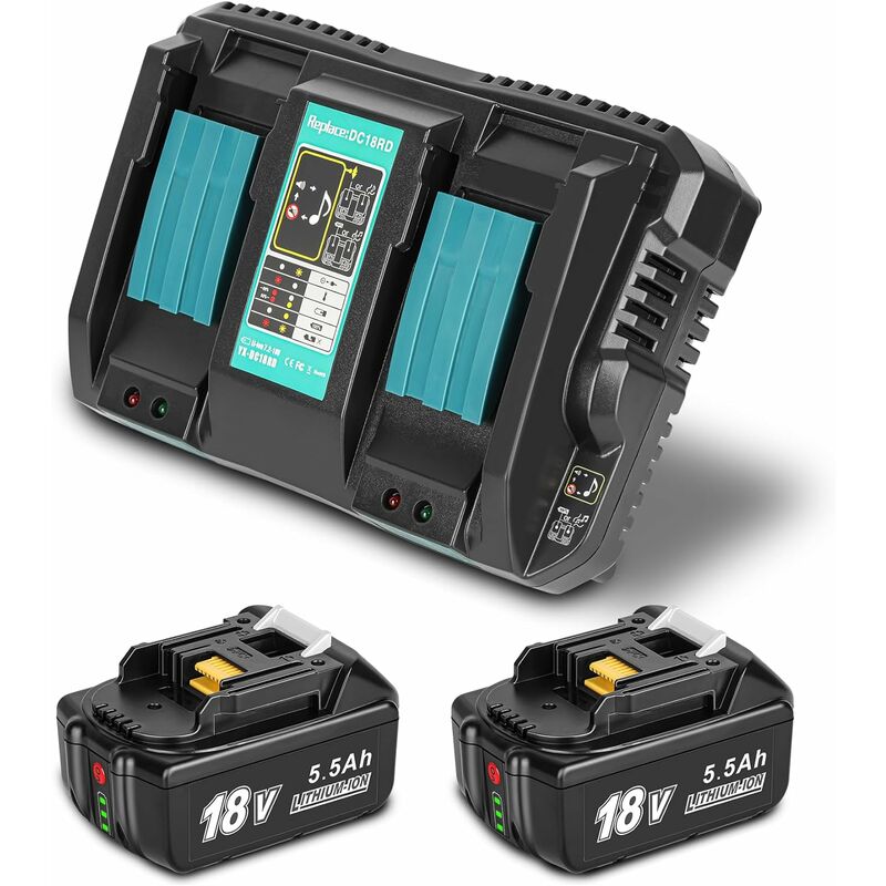 Pdstation - DC18RD Chargeur Rapide à Double Port et Batterie Compatible pour Makita 18V 5,5Ah pour BL1860B BL1860 BL1850 BL1845 BL1840B BL1840 BL1835