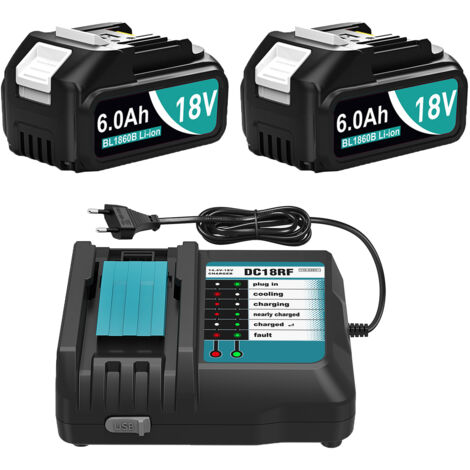 DC18RF Schnellladegerät mit USB-Anschluss + 2× 6.0Ah 18V Akku, Kompatibel mit Makita LXT Werkzeugen, Ersatz für BL1860B/BL1850B, LED-Anzeige & Mehrfachschutz
