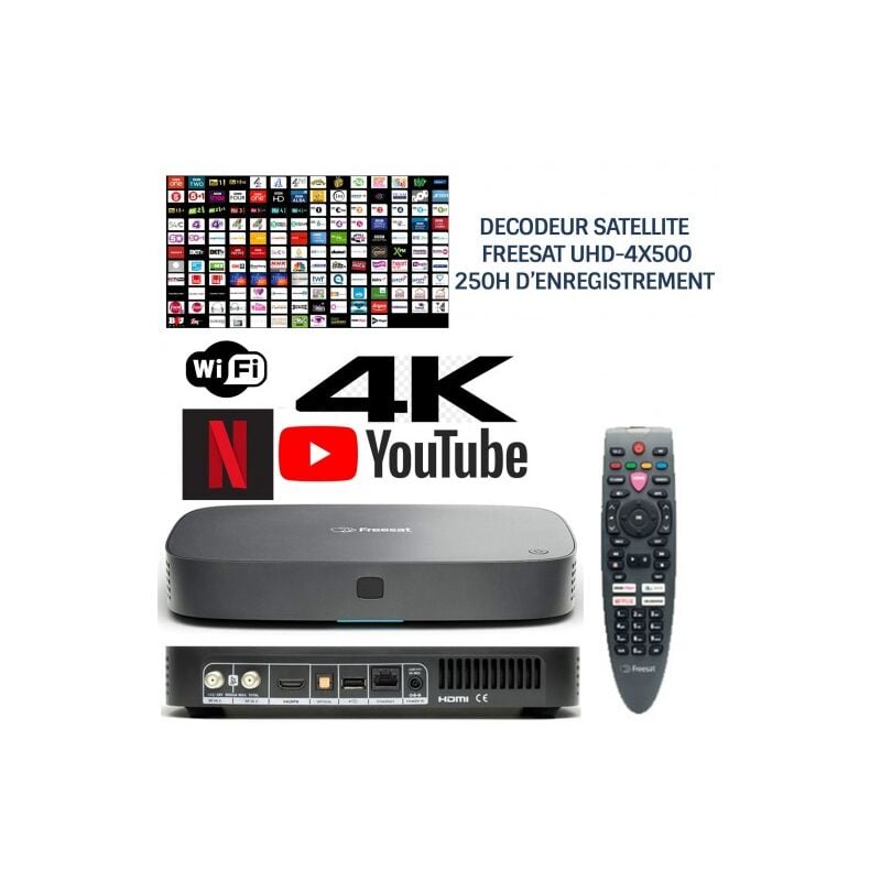 ME - Décodeur satellite hd freesat UHD-4X500, 200 chaînes sat anglaises, 13 chaînes anglaises hd, sans abonne nt, 250h enregistre nt