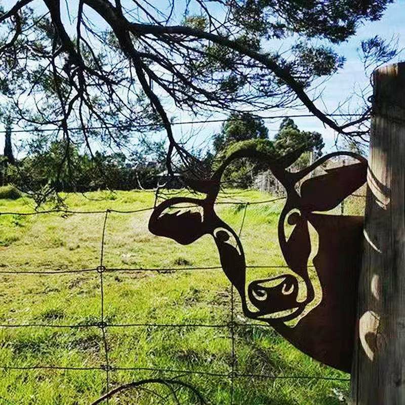 Décoration de jardin en métal, silhouette d'animal lorgnant à suspendre pour clôture ou arbre, décorations murales pour jardin de ferme (style vache