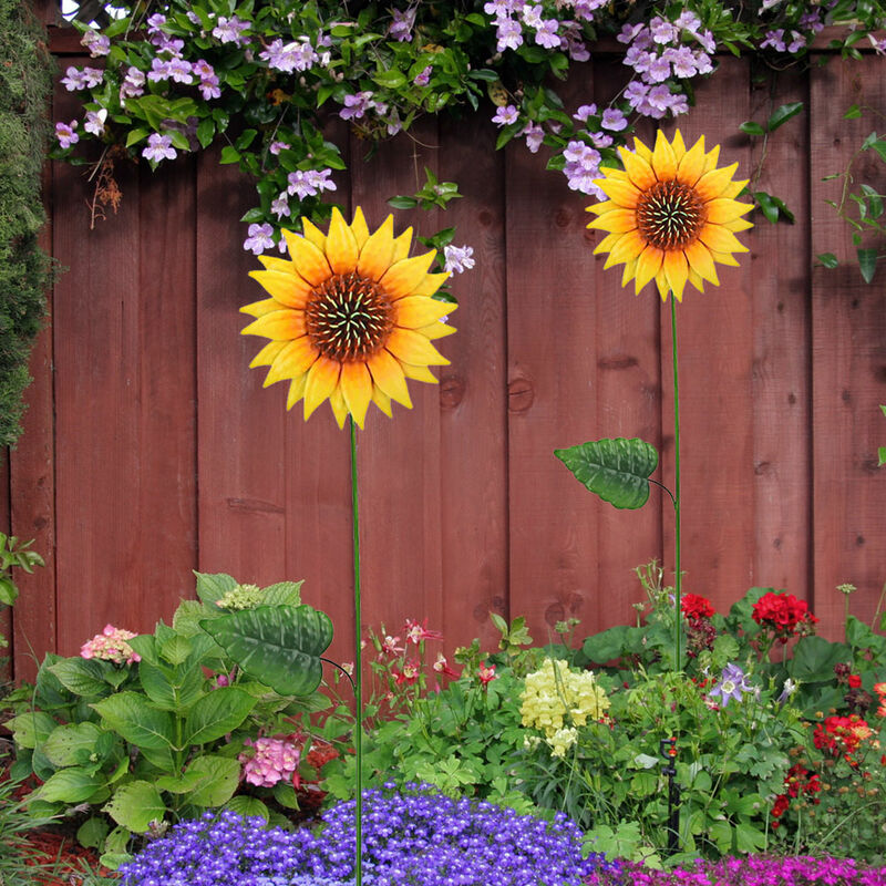 Décoration de jardin pour l'extérieur Tuteur fleuri fleur tournesol décoration, métal vert jaune, LxHxP 14 x 100 x 8 cm, lot de 2