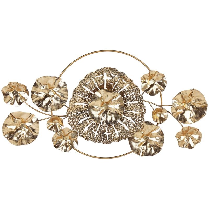 Décoration Murale Moderne à Suspendre Nénuphars Dorés et Cercle Intérieur Chromium