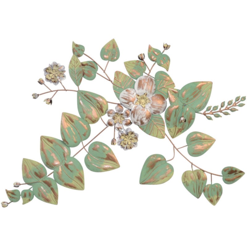 Décoration murale fleurs et feuilles en métal vert crème-or blanc 70x4x69 cm DEC05056