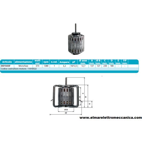 DD104SF 373 W 1380 GIRI Motore Elettrico Monofase Ventilatore Centrifugo Assiale