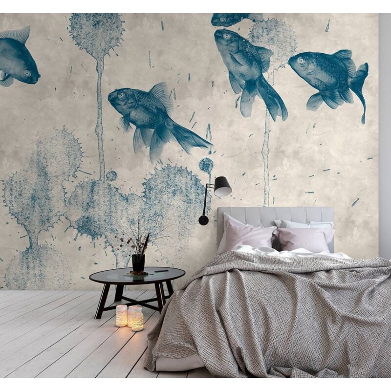 Papier peint panoramique animaux beige et bleu Tapisserie panoramique à motif poisson Papier peint panoramique pour salle de bain - beige, bleu, crème