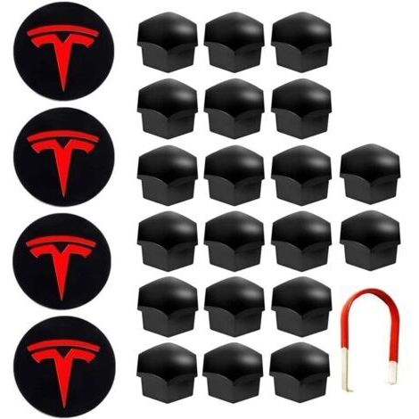 De Couverture De Roue Capuchon de Moyeu Central Car Wheel Nut Cover avec Outil Demontage pour Tesla Model 3, S X (Rouge)