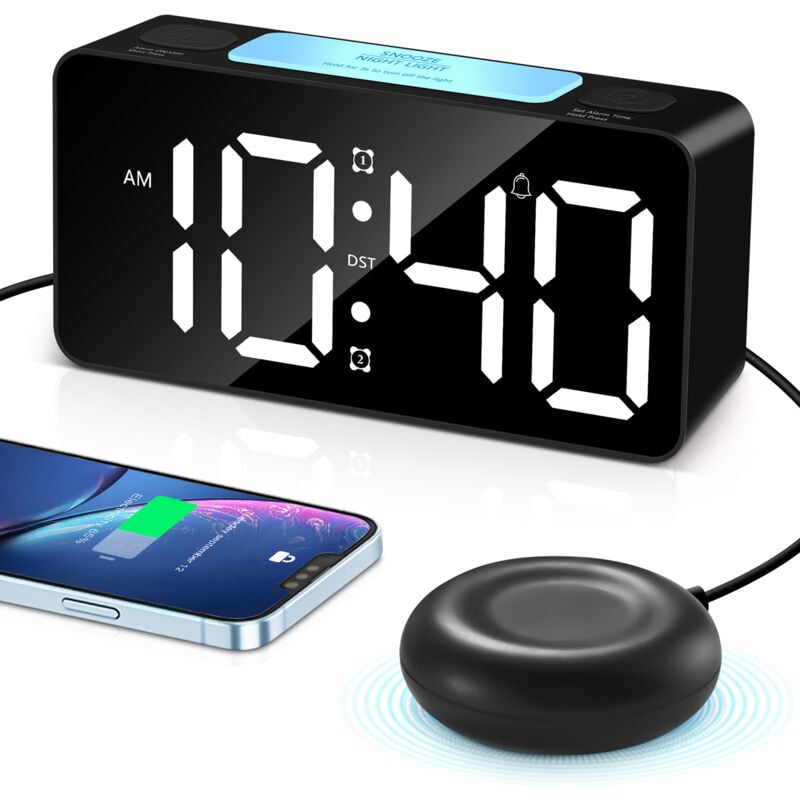Héloise - Vibrating Alarm Clock with Bed Shaker, Loud Alarm & Shaker, Large led Display & Dimmer, 7 Colored Night Lights, usb Charging Port,for