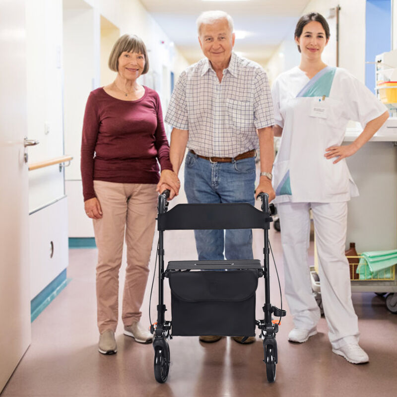 Maisonchic - Déambulateur Pliant à 4 Roues de 20 cm Charge 136KG Rollator Médical en Aluminium avec Siège Double Freinage Sac de Rangement Noir