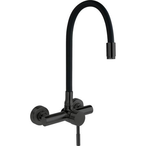 Deante Robinet de cuisine mural Luno - Noir mat - Flexible, Économiseur d'eau, Design moderne