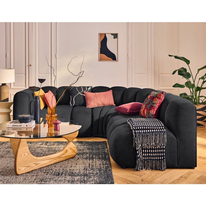 Lisa Design - Debbie - canapé modulable d'angle droit 4 places avec accoudoir en tissu texturé - noir