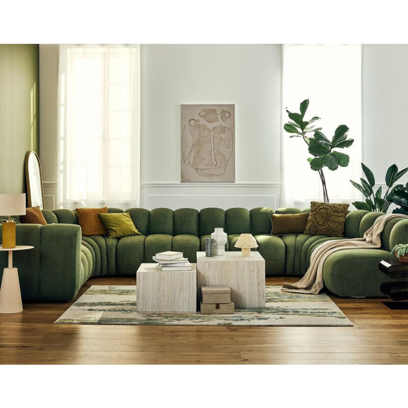Lisa Design - Debbie - canapé modulable panoramique d'angle droit 7 places en tissu texturé - vert