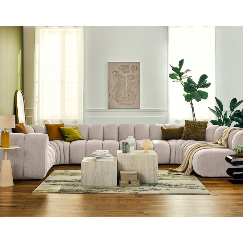 Lisa Design - Debbie - canapé modulable panoramique d'angle droit 7 places en tissu texturé - beige