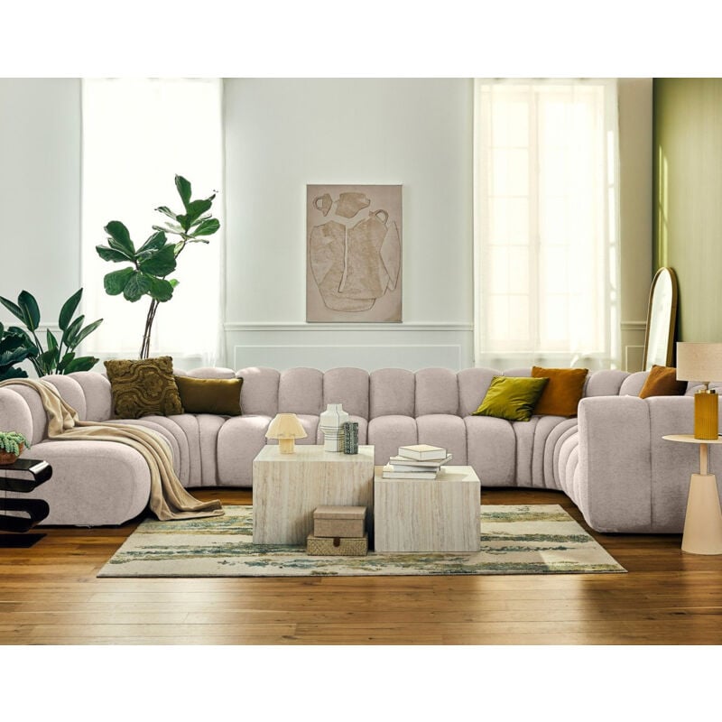 Lisa Design - Debbie - canapé modulable panoramique d'angle gauche 7 places en tissu texturé - beige