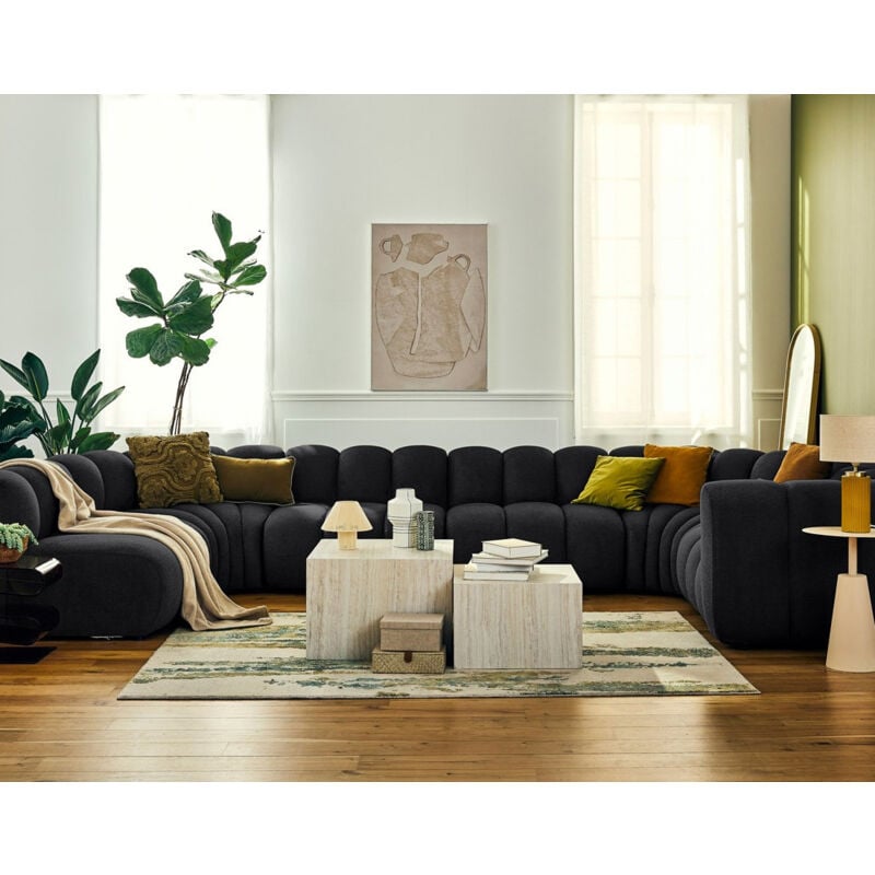 Debbie - canapé modulable panoramique d'angle gauche 7 places en tissu texturé - noir
