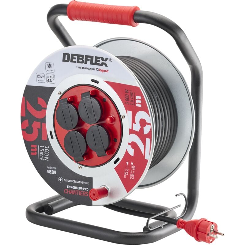 Enrouleur metal HO7RN-F 3G1,5 4 prises etanches IP44 25M - 605201 - Debflex