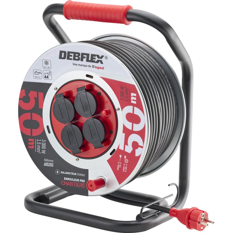 Enrouleur metal HO7RN-F 3G1,5 4 prises etanches IP44 50M - 605203 - Debflex