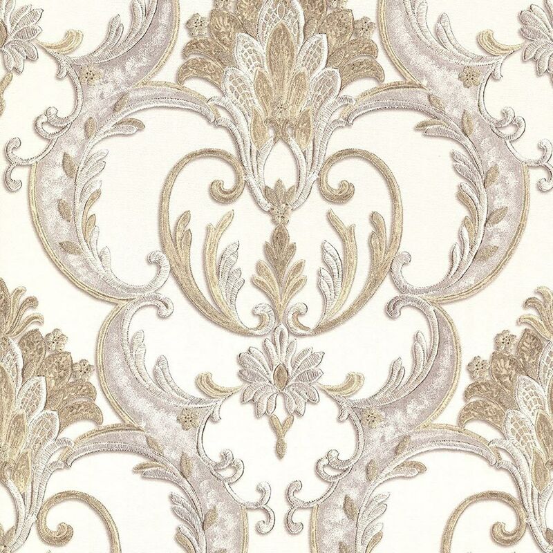 Debona - Italian Heavyweight Vinyl Damask Wallpaper Textured Gold Silver White