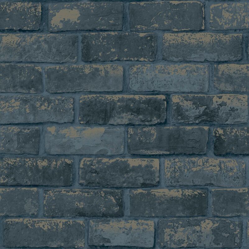 Navy Brick Wallpaper Metallic Silver Modern Contemporary Feature Wall - Debona