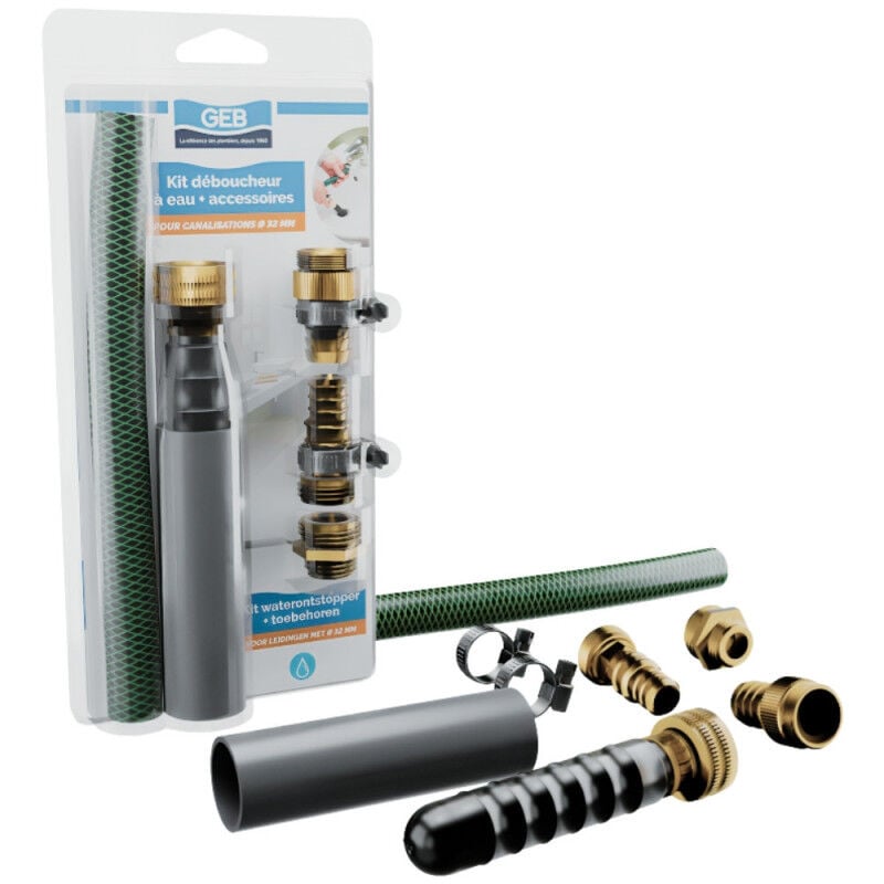 GEB - Kit déboucheur à eau + accessoires canalisations diamètre 32 à 40 mm