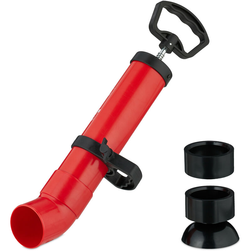 Relaxdays - Déboucheur à pompe, avec 2 adaptateurs, pour douche, évier, à pression, sans produits chimiques, noir/rouge