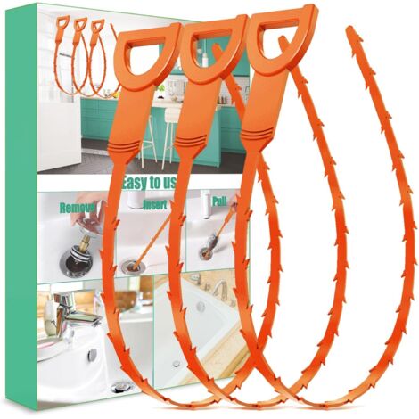 Déboucheur de canalisations Drain Snake, lot de 3 - Outil de nettoyage pour les canalisations d'éviers, de douches, de baignoires et de spas (orange)