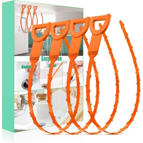 Déboucheur de lavabo Drain Snake, lot de 4 - Un outil de nettoyage pour évacuer l'eau des éviers, douches, baignoires et spas (orange)