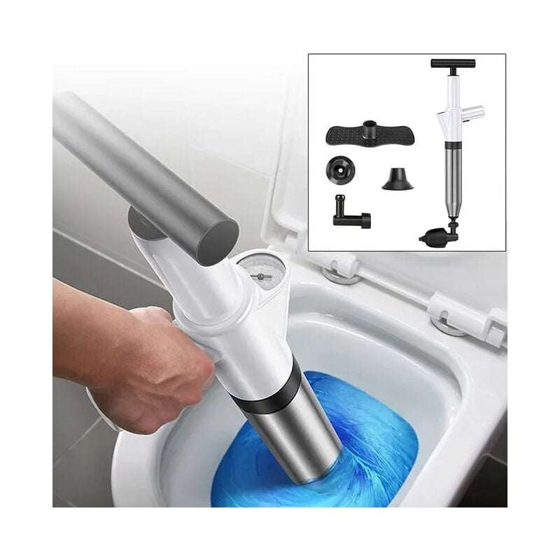 Tonchean - Déboucheur de Toilette Haute Pression avec 4 Têtes Remplaçables Déboucheur à Pompe wc Déboucheur de Canalisation (Blanc)