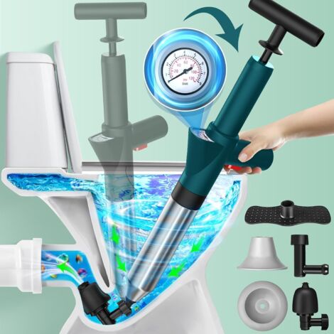 Déboucheur WC, déboucheur WC haute pression et déboucheur de canalisations – Baromètre en temps réel Air Drain Blaster – Déboucheur multi-canalisations pour toilettes, éviers, douches, cuisines, salle