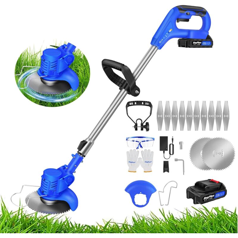Debroussailleuse Electrique sans Fil 21V Coupe Bordure avec Batterie et Chargeur, Coupe-Herbe de Jardin Coupe Bordure sans Fil avec 2 Types de Lames,