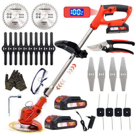 Debroussailleuse Electrique sans Fil, Débroussailleuse à Gazon sans balais avec 2 Batteries et 4 Lames avec poignée réglable