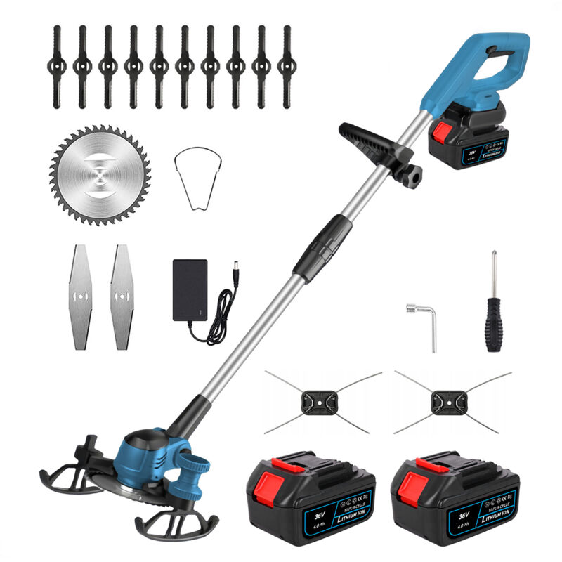 Débroussailleuse et coupe-bordures 2 en 1 Magicfox avec 2 Batterie 4A, 4 Types De Lames, Roue latérale pour Pelouse Domestique - Bleu
