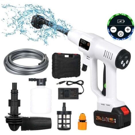 Debuns – Nettoyeur haute pression sans fil 21V – 725 PSI – Moteur sans balais 380W – Tuyau 5m – 6 buses multifonctions pour nettoyage voiture et jardin - 1500mAh