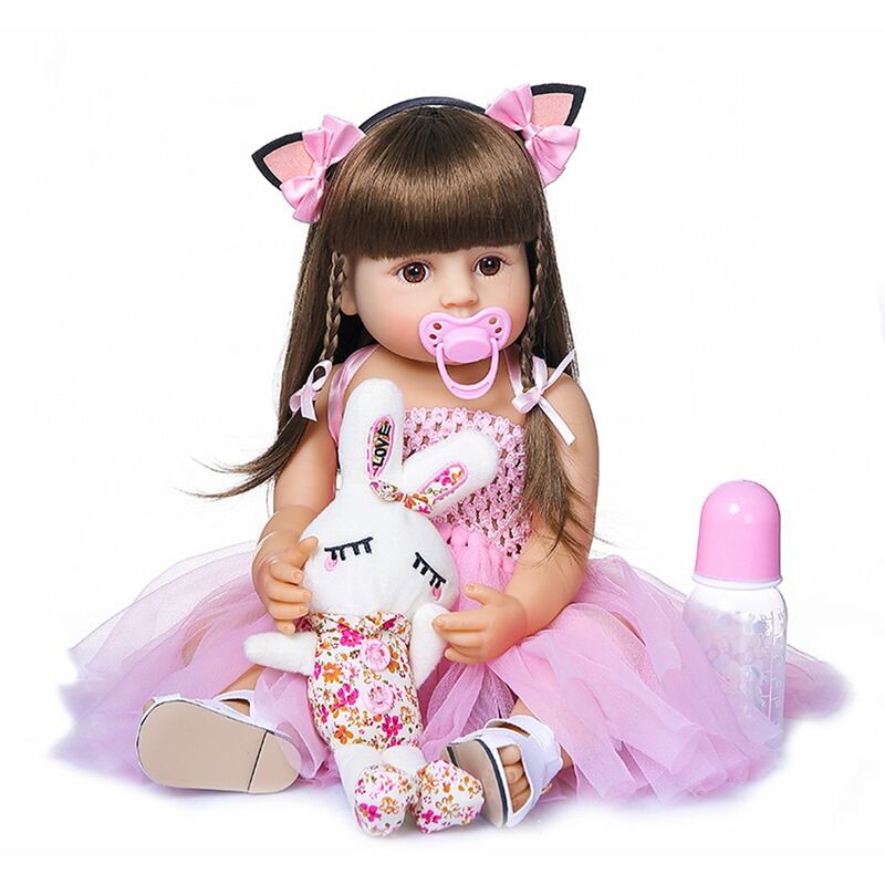 

22 pulgadas Reborn Baby Doll de silicona de cuerpo completo Realistas lindas munecas de bano Muneca de regalo para bebe con diadema de oreja de gato