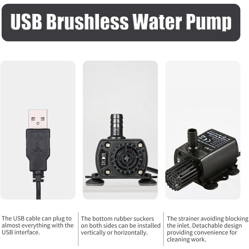 

DECDEAL, bomba de agua sin escobillas USB, con filtro, DC5V, 150L / H, 1.2W, elevacion 3.28 pies