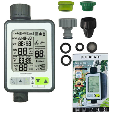 Decdeal Programmateur d'arrosage intelligent pour Jardin avec Capteur de Pluie - Minuterie d'Eau Automatique - 3 modes, réglage durée/date, protection batterie,anti-pluie