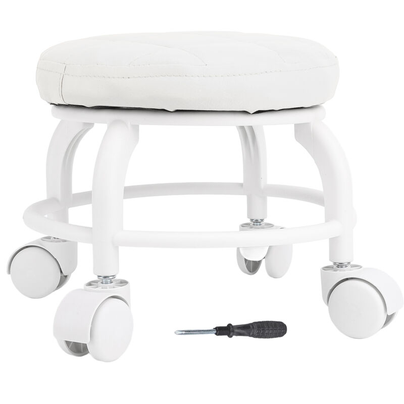 Decdeal Siège à roulettes bas tabouret en cuir PU roue muette chaise ronde pivotante en hauteur pour bureau à domicile Garage magasin blanc