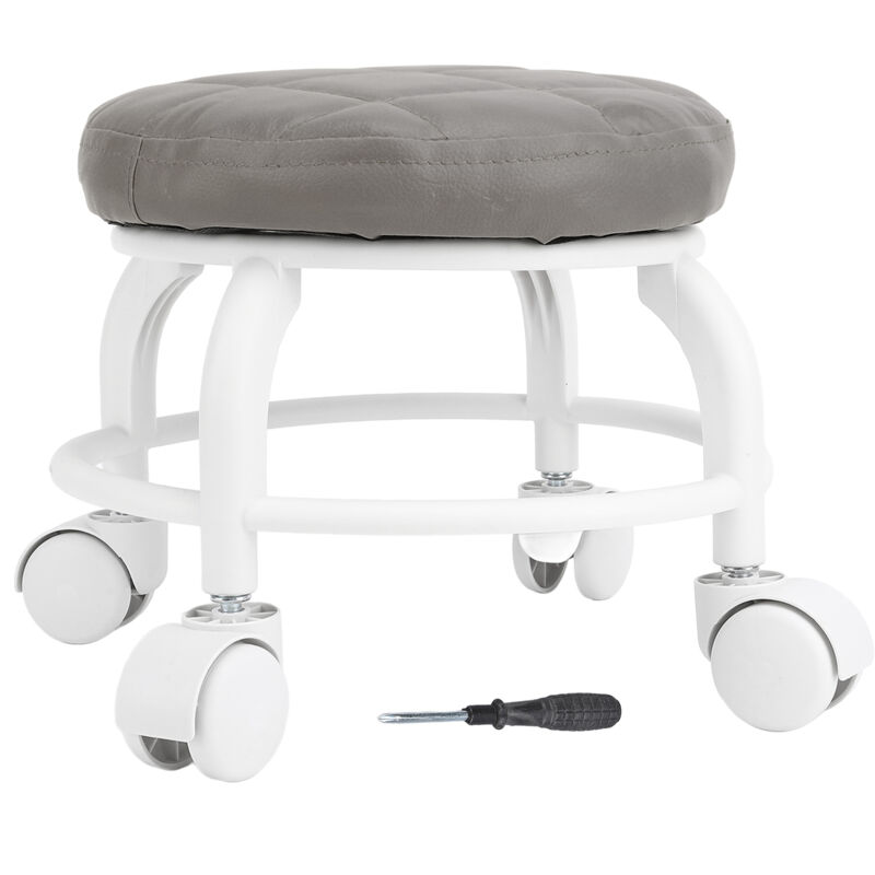 Decdeal Siège à roulettes bas tabouret en cuir PU roue muette chaise ronde pivotante en hauteur pour bureau à domicile Garage magasin gris