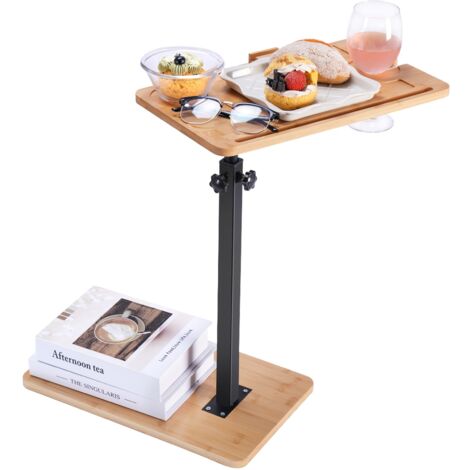 Decdeal Table d'appoint, plateau de canapé, table de canapé réglable en hauteur avec support de téléphone rotatif, table d'appoint en forme de C pour salon, chambre, petits espaces, naturel