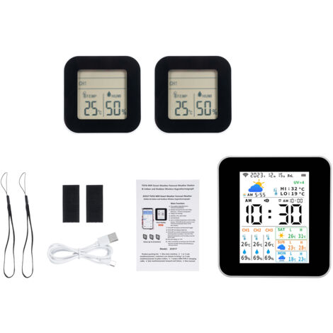 Decdeal Thermomètre intérieur Thermomètre sans fil Tuya Station mécanique avec 2 pcs Humidité et compteur de température Prévision en temps réel Monitor de support de support Date d'alarme