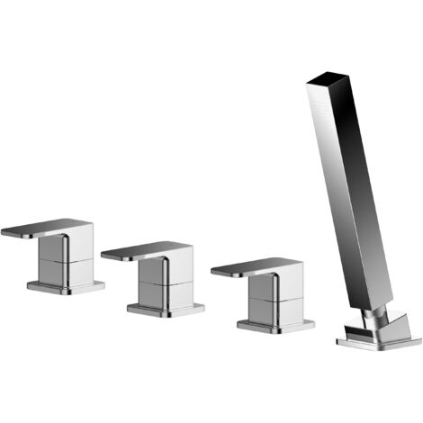 Deck Mount Square 4 Tap Hole Bath Shower Mixer Tap with Kit Chrome