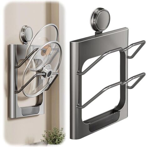 Deckelorganizer mit Saugnapf, praktischer Wandhalter für Topfdeckel, mit Wasserschale, kein Bohren erforderlich, für die Küchenaufbewahrung (grau)