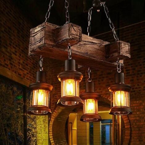 GOJOY Decken Lampe Vintage Design Pendel Holz Balken Wohn Zimmer Gitter Hänge Leuchte