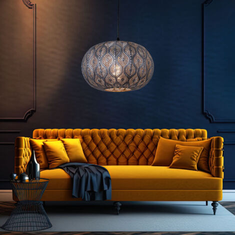 Decken Pendelleuchte im orientalischen Design Hängelampe mit rundem Lampenschirm, schwarz silber-metallic, 1x E27, DMxH 30x120cm, Wohnzimmer Esszimmer